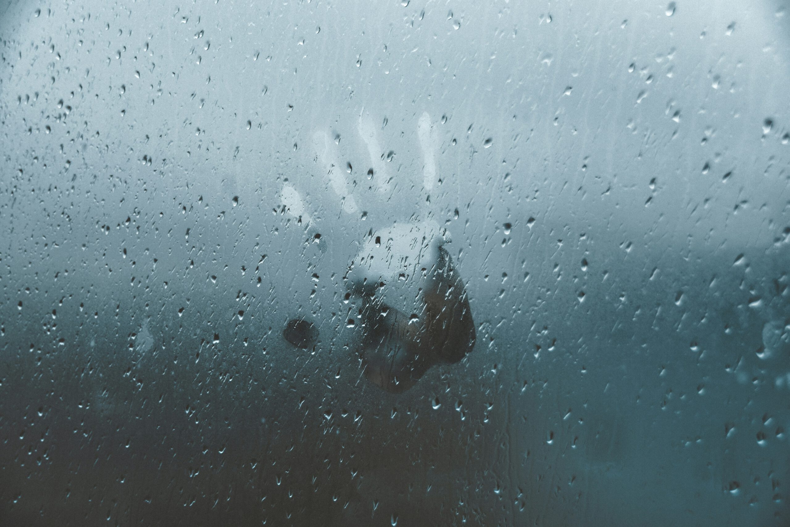 Hand print on rainy window