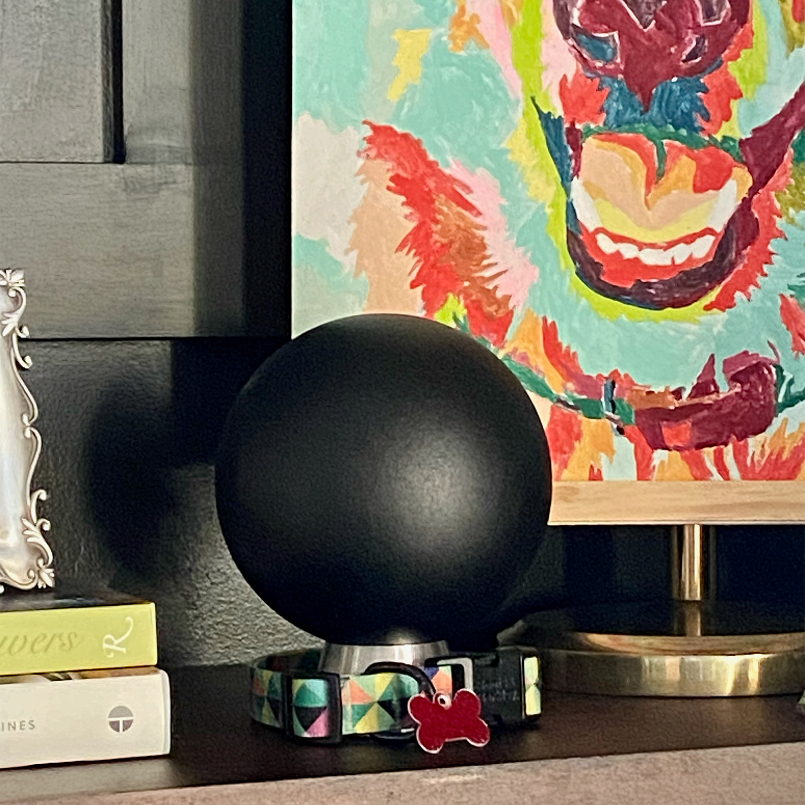 a pet urn sitting on a mantel next to art and books