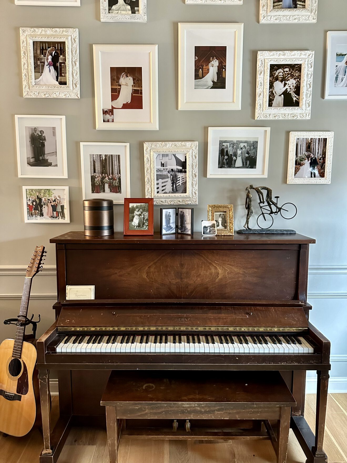 a cremation urn made in the USA displayed on a piano